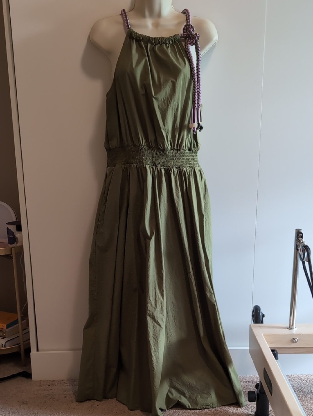 Olive Green Halter Midi Dress with Braided Shoulder Tie